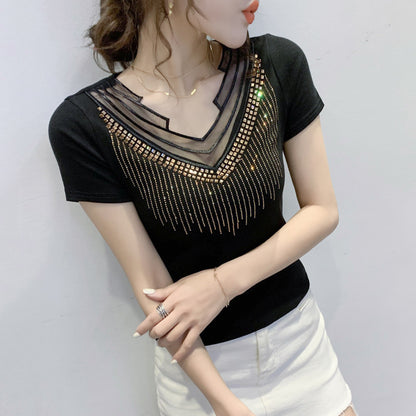 Mesh V-neck Patchwork T-shirt Women's Short Sleeve