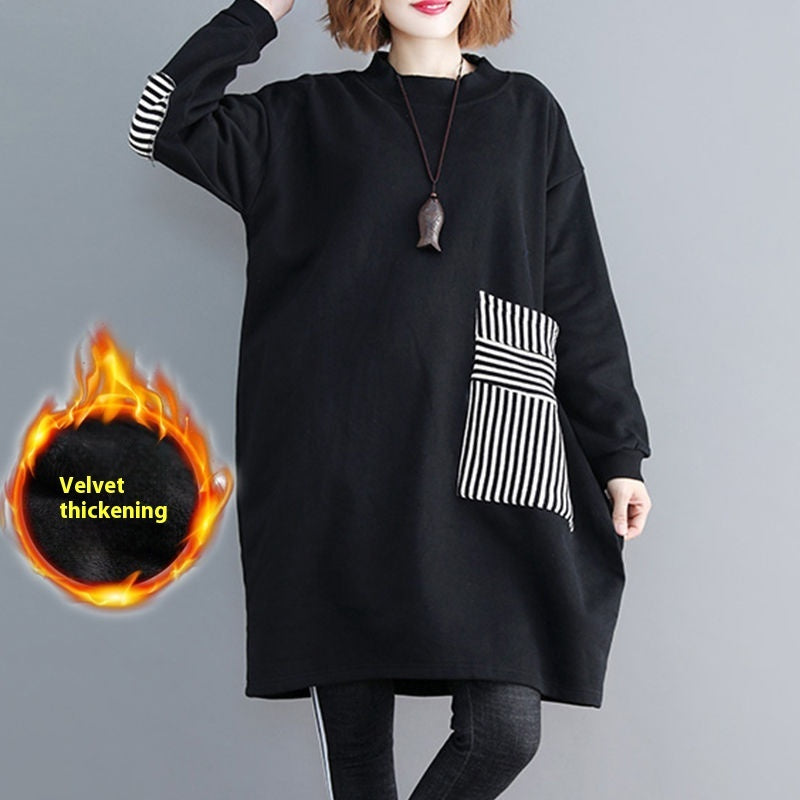 Striped Large Pocket Sweatshirt Slimming Long Sleeve Velvet Hoodie