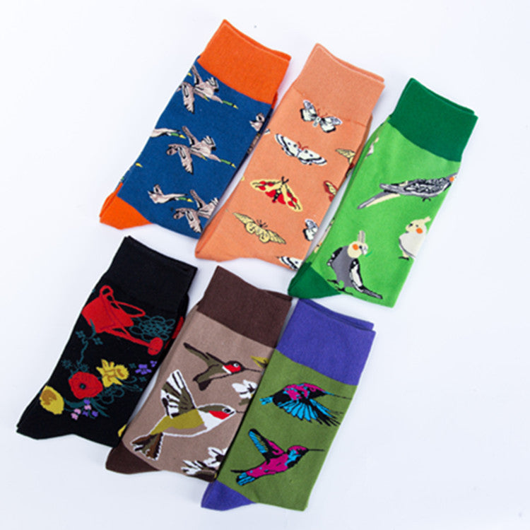 Female Casual Printed Flower And Bird Butterfly Cotton Middle Tube Socks