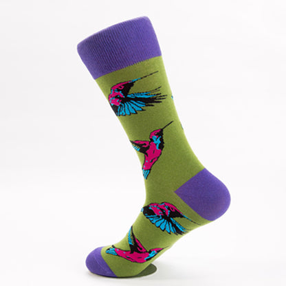 Female Casual Printed Flower And Bird Butterfly Cotton Middle Tube Socks