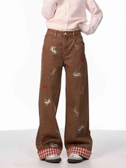 Vintage Bow Puppy Embroidered Wide Leg High Waist Jeans