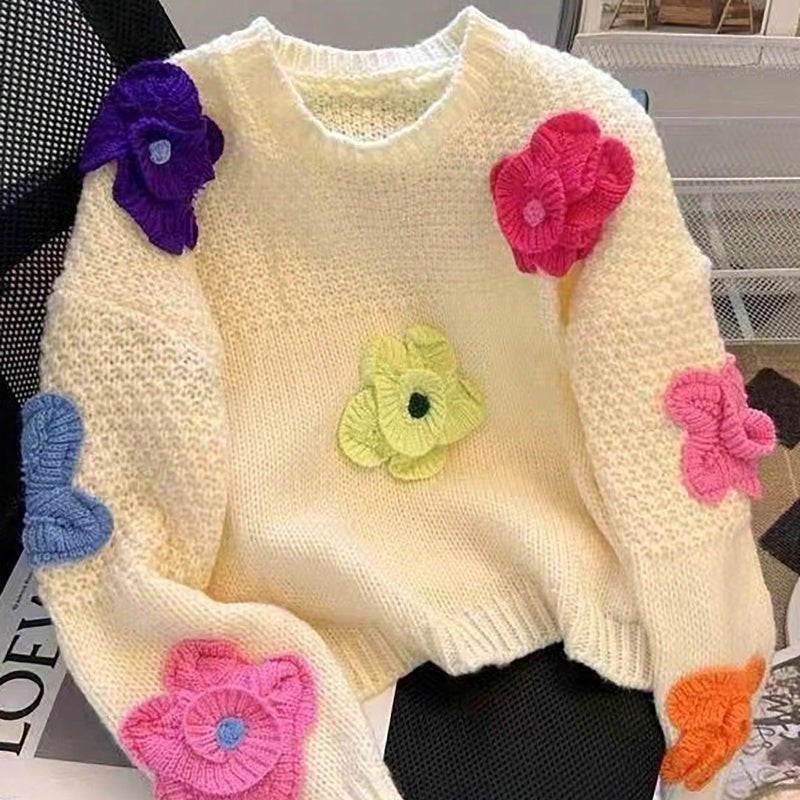 Hollow-out Three-dimensional Flower Sweater Loose Sweater