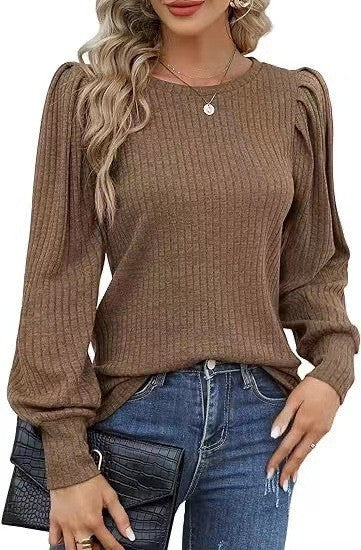 Rib Fabric Round Neck Bubble Shoulder Long Sleeve T-shirt Top