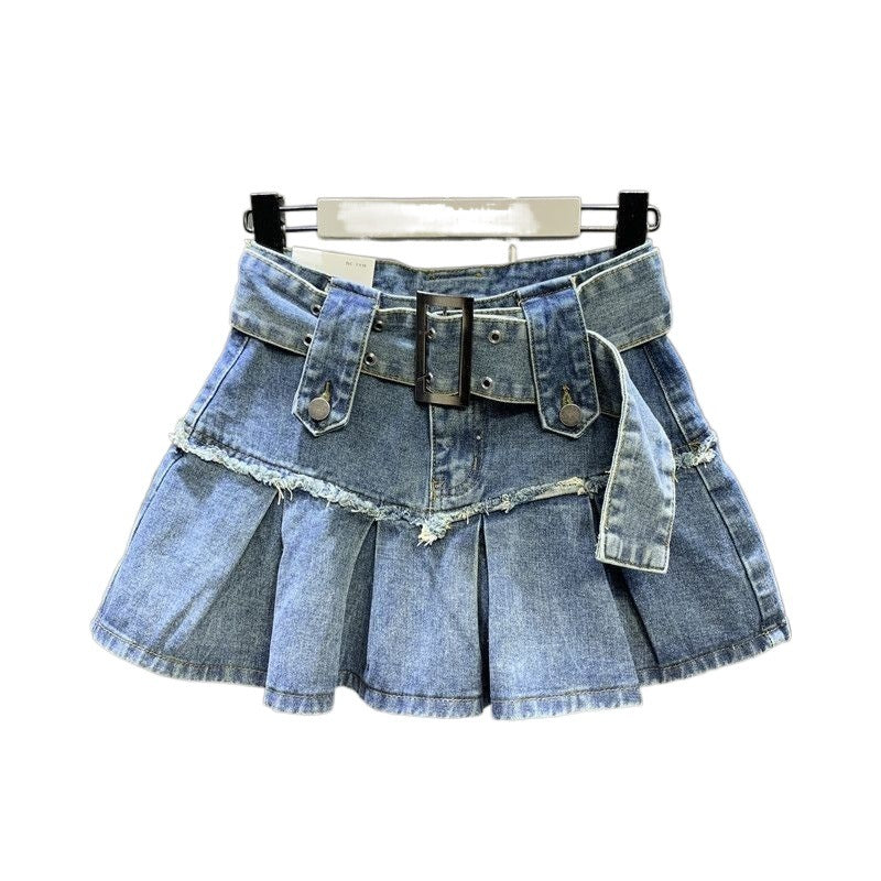 Retro Light Blue Sweet Girl Pleated Denim Skirt Small Slim A- Line Skirt