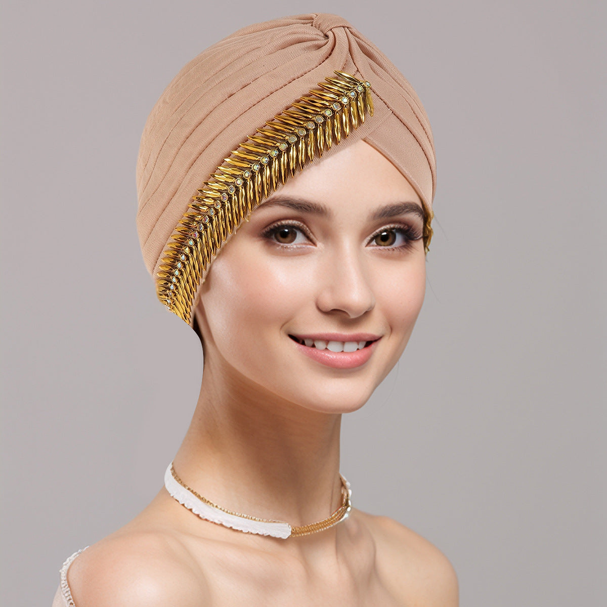 Nouă șapcă cu turban cu strasuri pentru femei, plisată elastică, eșarfă elegantă pentru cap Ramadan, șapcă chimio, pălărie africană de nuntă