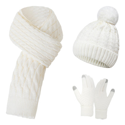 Warm Wool Knitting Hat, Scarf And Gloves Three-piece Set