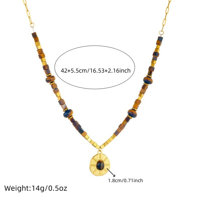 Retro Square Round Geometric Tiger Eye Necklace