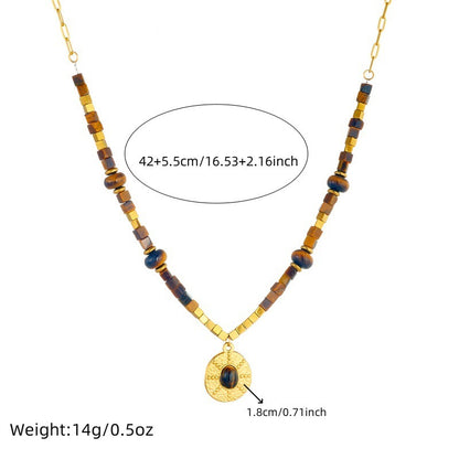 Retro Square Round Geometric Tiger Eye Necklace