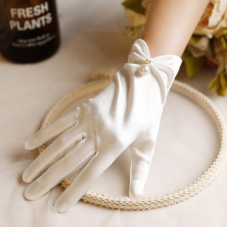 French Hepburn Style Short Pearl Satin Bridal Gloves