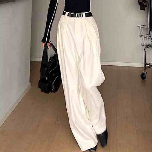 Women's Milky White Casual Pants High Waist Straight Pants