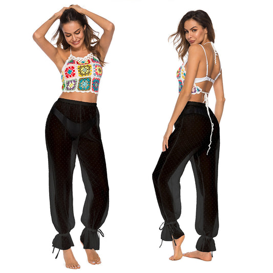 Women's Mesh Jacquard Ankle Banded Pants Slightly Transparent