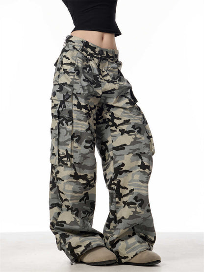 Camouflage Big Pocket Casual Pants Women Loose Wide-leg Overalls