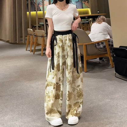 New Guo Feng Ink Painting Ice Silk Wide-leg Pants Summer Women