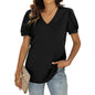 European And American Summer Casual V-neck Solid Color Puff Sleeve Loose T-shirt For Women