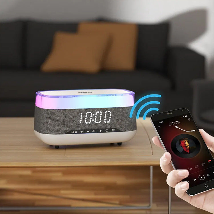 Ceas deşteptător multifuncţional inteligent Difuzor Bluetooth Încărcător fără fir Ceas de încărcare rapidă Atmosferă Lumină de noapte Decor pentru casă