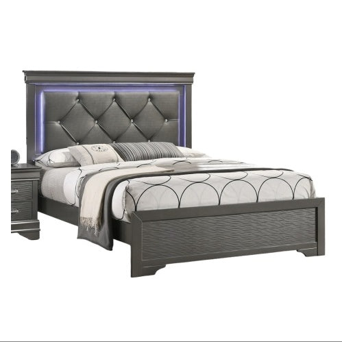 Dark Gray Faux Leather Tufted Headboard 1pc Queen Size Bed W LED Bedroom Furniture Gray Unique Texture FB Solid Wood