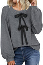 Women's Round Neck Front Lace-up Bow T Pullover Split Long Sleeve Shirt