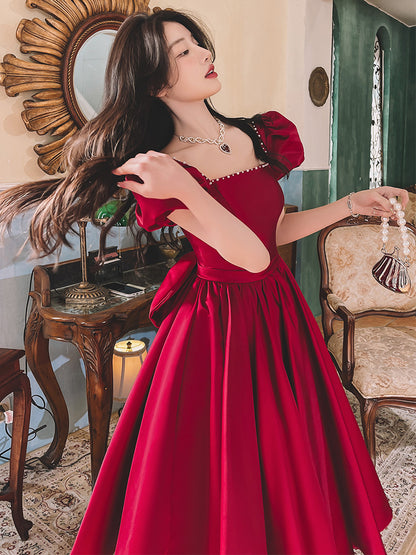 Winter Wine Red Engagement Daily French Princess On The Run Satin Dress