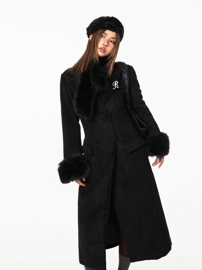 Waist-tight Woolen Fur Collar Quilted Long Overcoat Outerwear