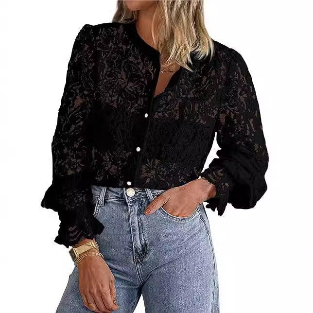 European And American Ladies Fashion Casual Lace Shirt Long Sleeve Button Shirt