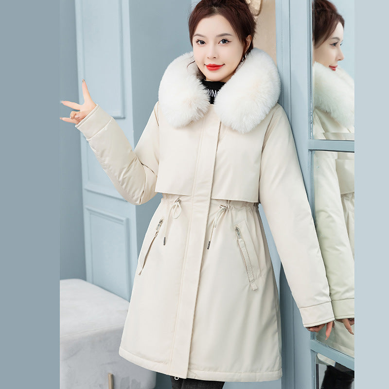 Women's Mid-length Loose Cotton Coat Fleece-lined Thickened Cinched Coat