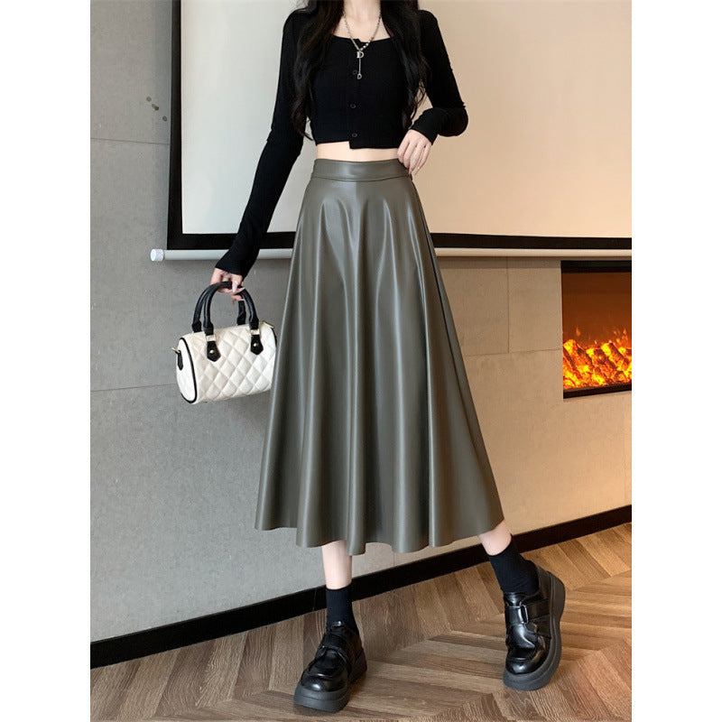 Leather Medium Length Simple A- Line Umbrella Skirt