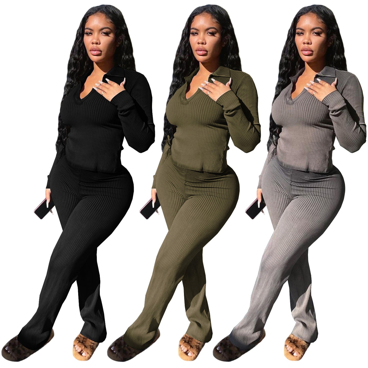 M20783 Women's Clothing Sunken Stripe Long Sleeve Temperament Commute Solid Color Two-piece Set