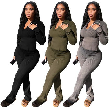 M20783 Women's Clothing Sunken Stripe Long Sleeve Temperament Commute Solid Color Two-piece Set