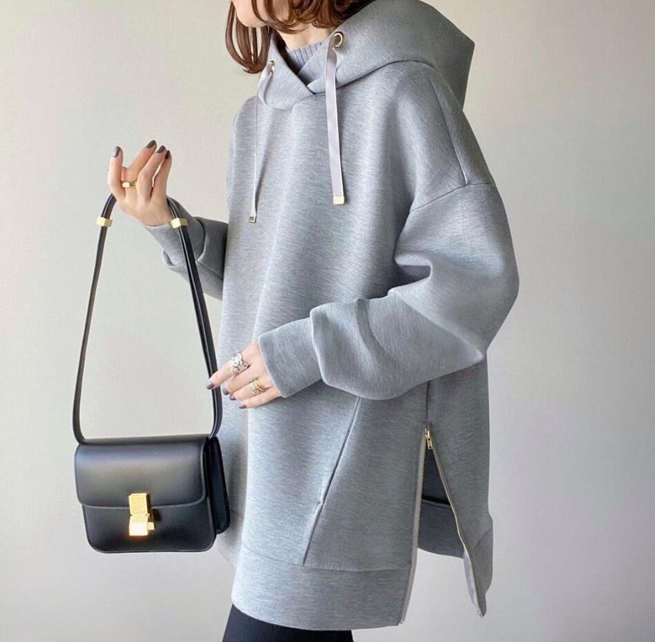 Women's Loose Slimming Hooded Solid Color Side Zipper Sweater