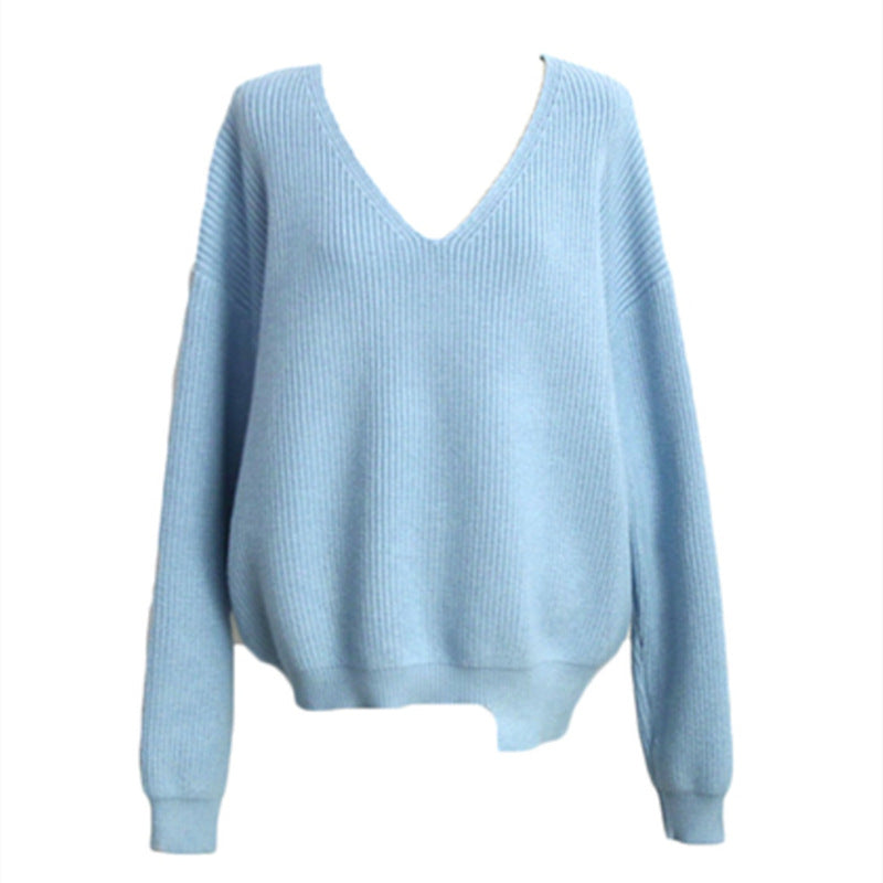 Women's Korean-style V-neck Loose And Lazy Style Simple And Irregular Sweater