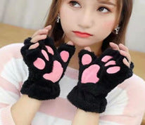 Autumn And Winter Student Plush Cat's Paw Half Finger Gloves For Men And Women