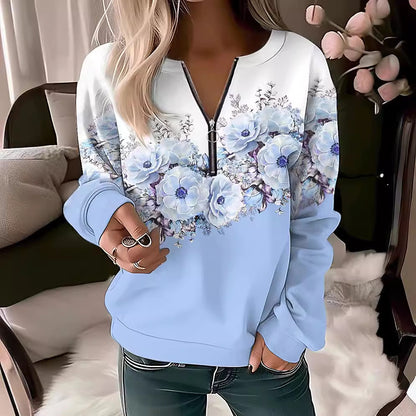 Women's Printed V-neck Long Sleeve Pullover Loose Sweater