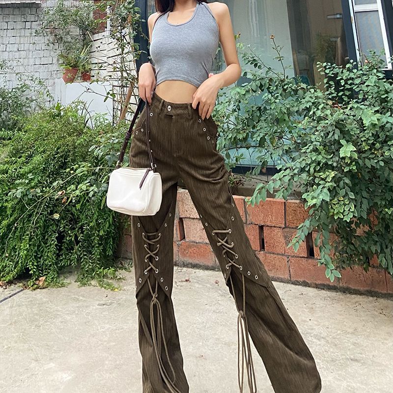 High Waist Lace-up Design Solid Color Street Shot Casual Trousers