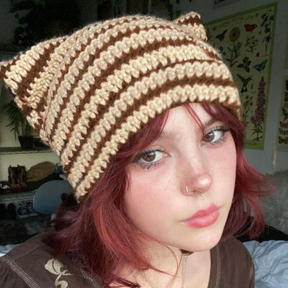 Cute Cat Ears Striped Handmade Knitted Wool Hat