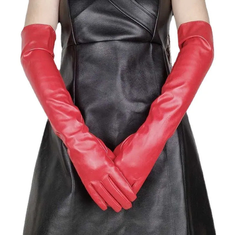 Faux Leather Long Fashion Women's Black Glossy Warm Gloves For Stage Performance