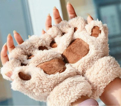 Autumn And Winter Student Plush Cat's Paw Half Finger Gloves For Men And Women