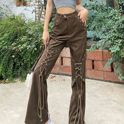 High Waist Lace-up Design Solid Color Street Shot Casual Trousers