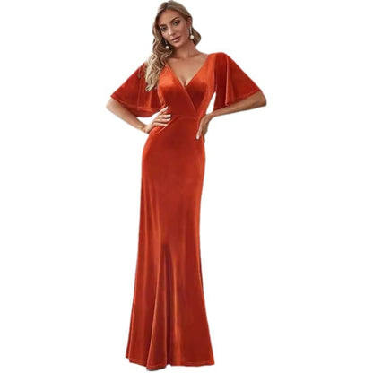 Elegant Bridesmaid Cocktail Party Banquet V-neck Velvet Evening Dress