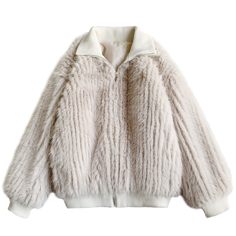 Stand Collar Vertical Bar Fox Ditch Faux Fur Coat