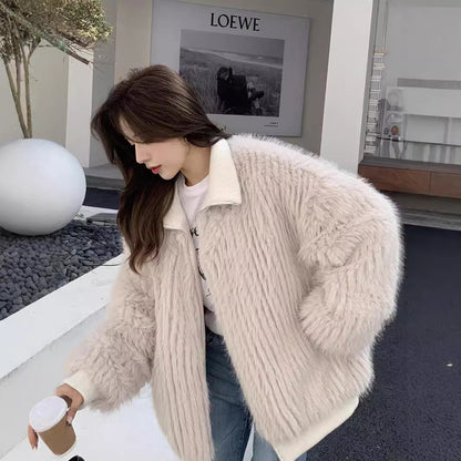 Stand Collar Vertical Bar Fox Ditch Faux Fur Coat