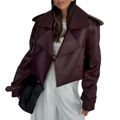 Solid Color Leather Coat Short Loose Design Women's