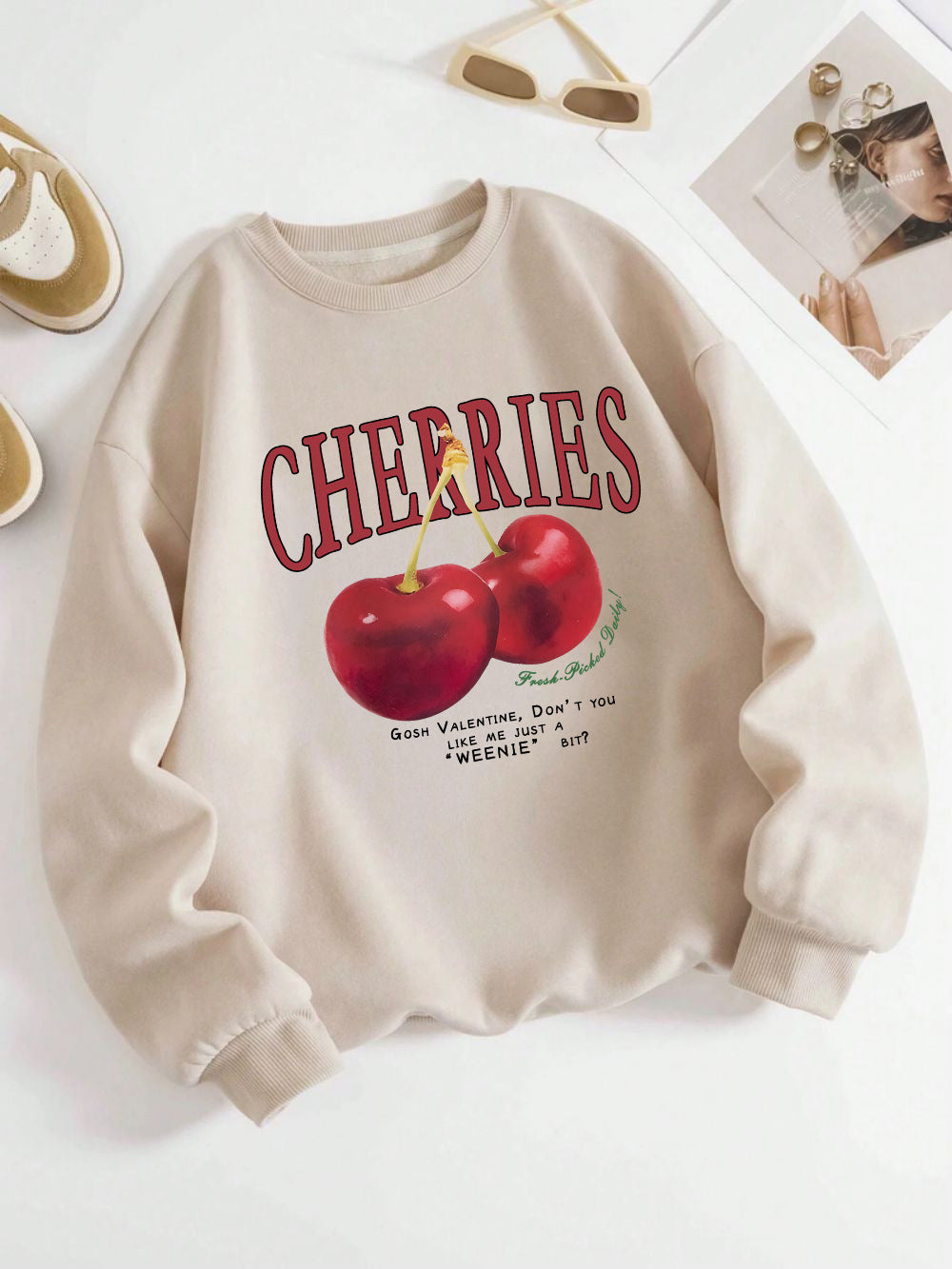 Fashion Women's Sweatshirt Fresh Red Cherry Printed Sweater