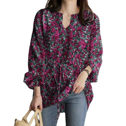 Spring And Autumn New Long Sleeve V-neck Floral Print Top