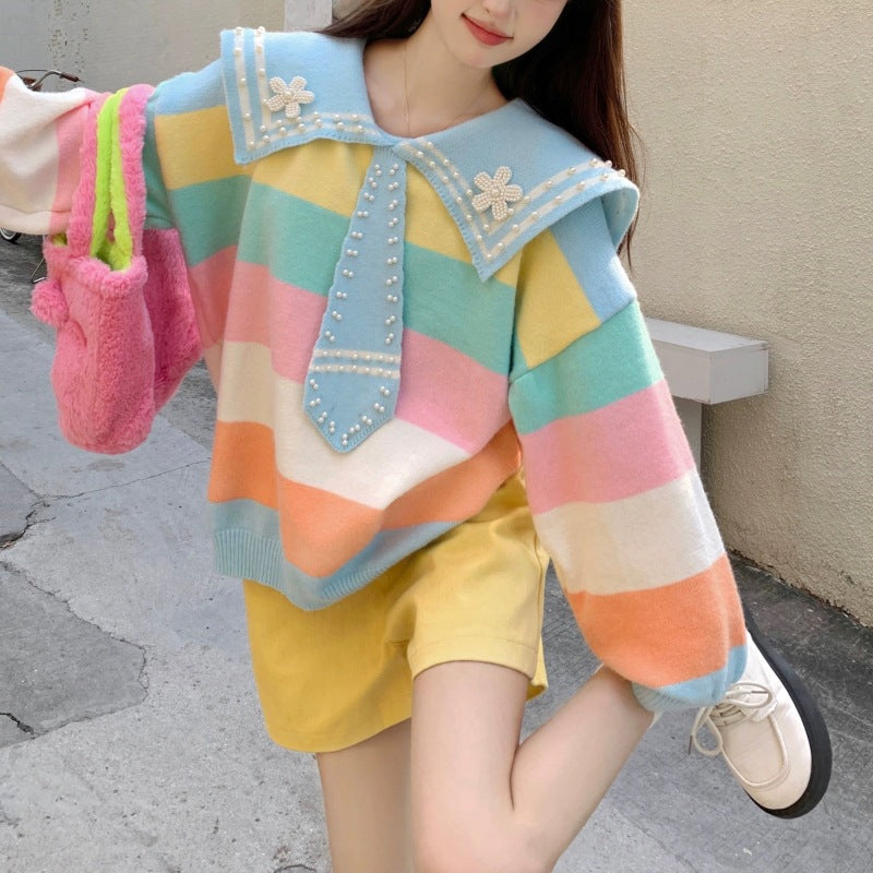 Rainbow Striped Contrast Color Sailor Collar Beaded Sweater Women's Autumn And Winter Loose Youthful-looking Knitted Top