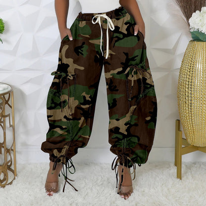 Women's Fashion Camouflage Large Pocket Lantern Loose Tappered Harem Pants