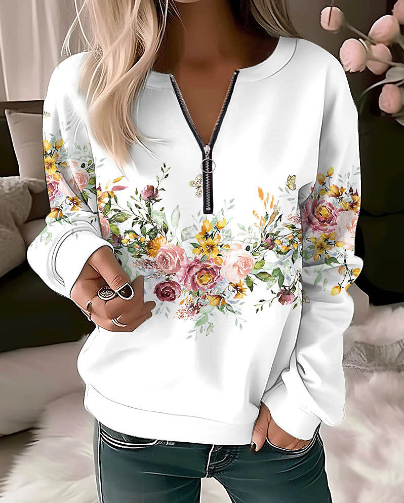 Women's Printed V-neck Long Sleeve Pullover Loose Sweater