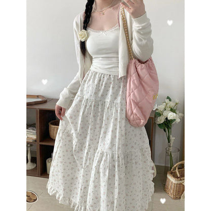 Age-reducing Wooden Ear Floral Niche Super Sweet Stitching Tiered-Ruffle Long Dress