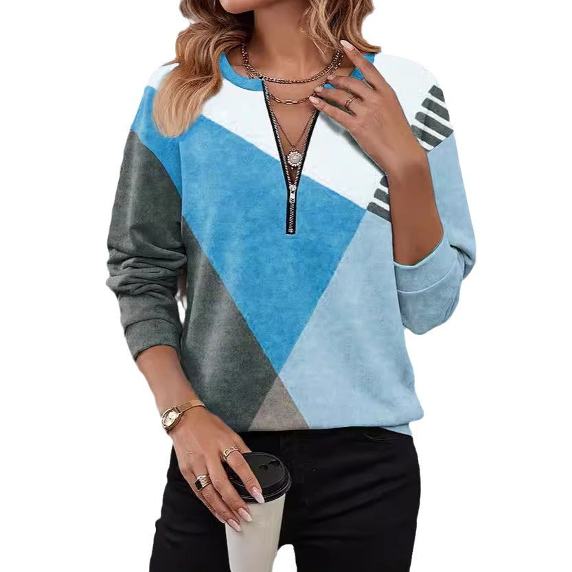 Autumn Winter Assorted Colors Loose Zip Long Sleeve V-neck Sweatshirt