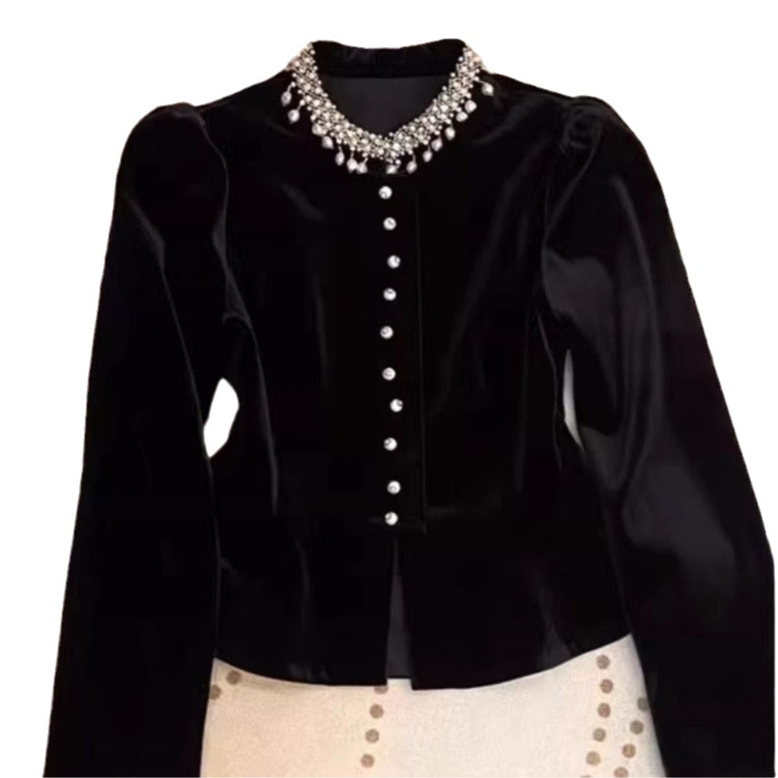 Black Beaded Velvet Puff Sleeve Shirt