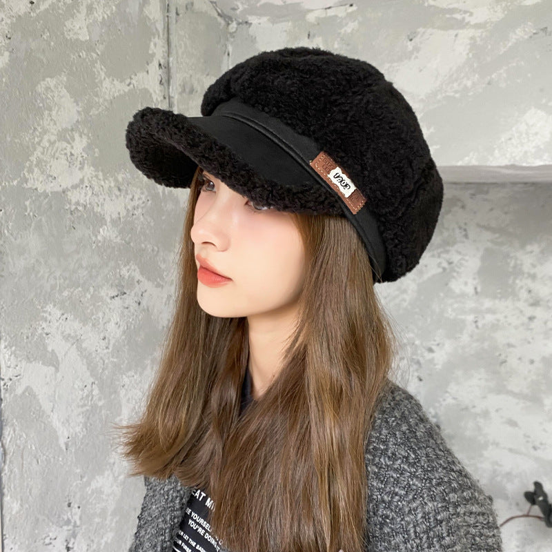 Faux Cashmere Fashion Leather Tag Octagonal Winter Warm Peaked Cap